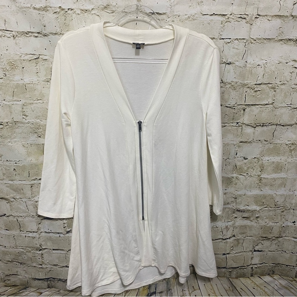 Cable & Gauge Ivory V Neck Zip Up 3/4 Sleeve Cardigan Top